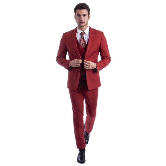 Men's Skinny-Fit 3pc Brick Red Suit by Sean Alexander - Picture 4 of 6
